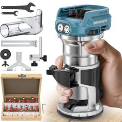 Enrutador compacto inalámbrico compatible con batería Makita de 18 V, con 15 brocas de enrutador, 6 velocidades variables para carpintería, 800 W, 300