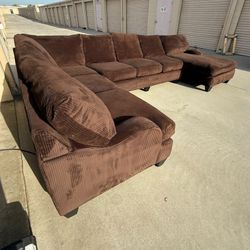 Huge Chocolate 3-Piece Chaise Sectional Sofa with Ottoman Couch