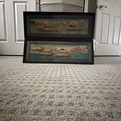 Antique Framed Pair of Cork Design Wooden Back Frame 