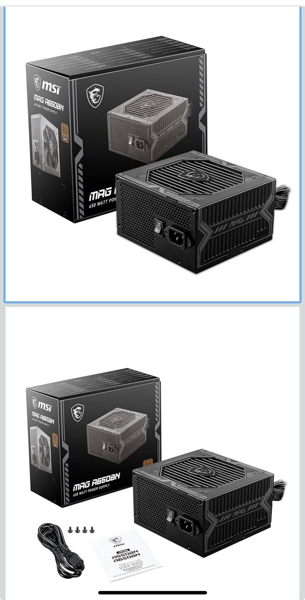 MSI MAG A650BN, Non-Modular Compact 650W Power Supply, 80+ Bronze, Low-Noise Fan, Active PFC Design