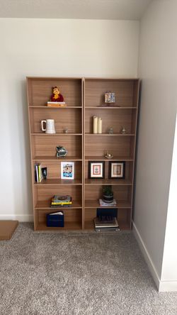 2 Tall 6-Shelf Bookcases Natural Wood Finish