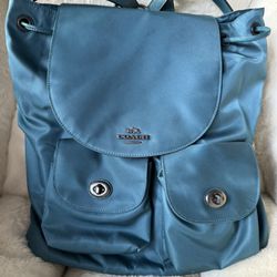 NWT Coach Nylon Leather Lightweight Backpack Turn Lock Rucksack F58814 Dark Teal