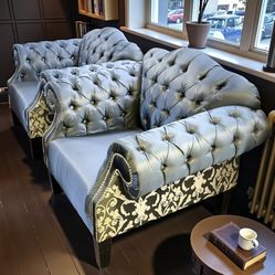 Custom Slate Sapphire Blue Damask Vintage Hollywood Regency Armchair Chair 2 Avail