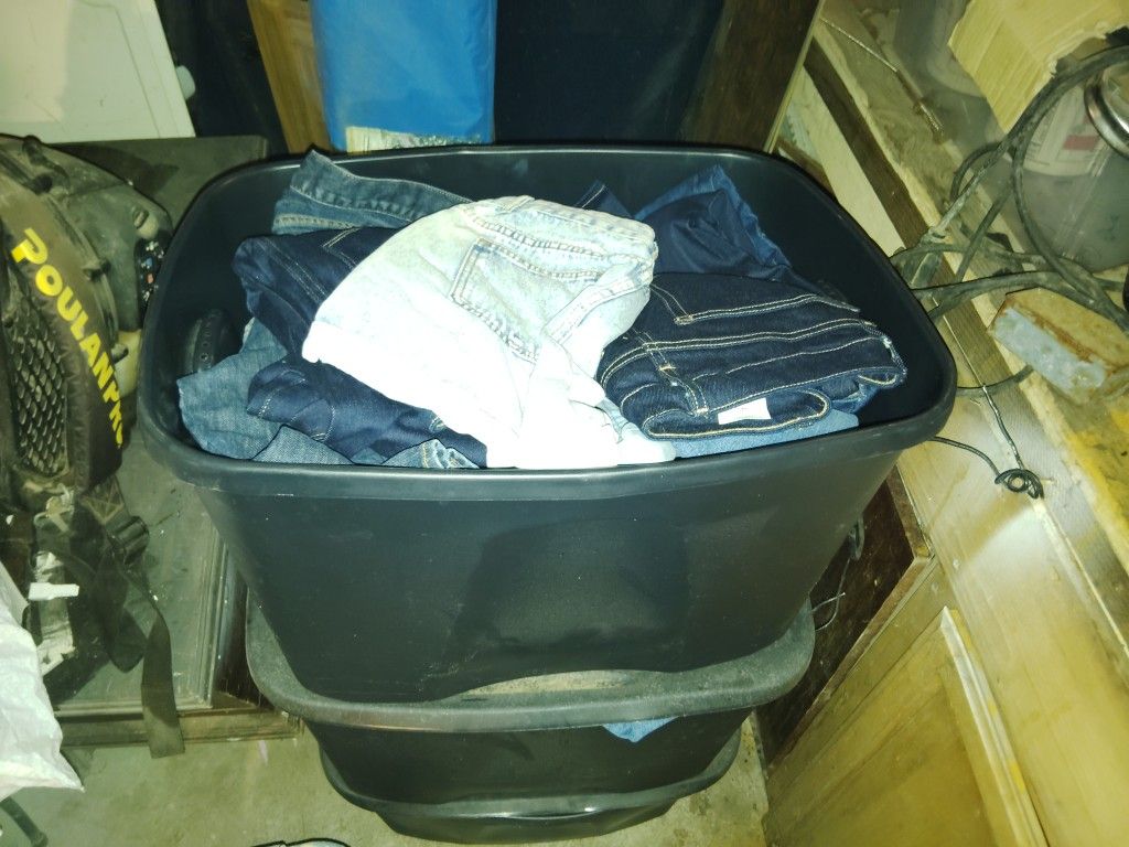 3 Plastic Storage Bins Full Of Designer Clothes