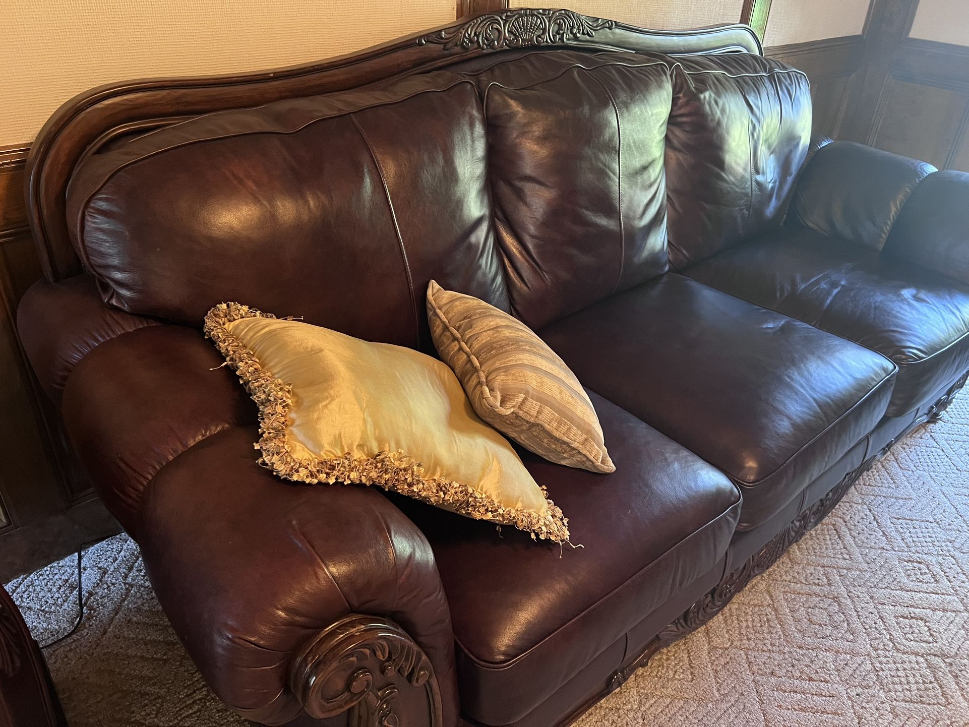Leather And Cherry Appointed Couch