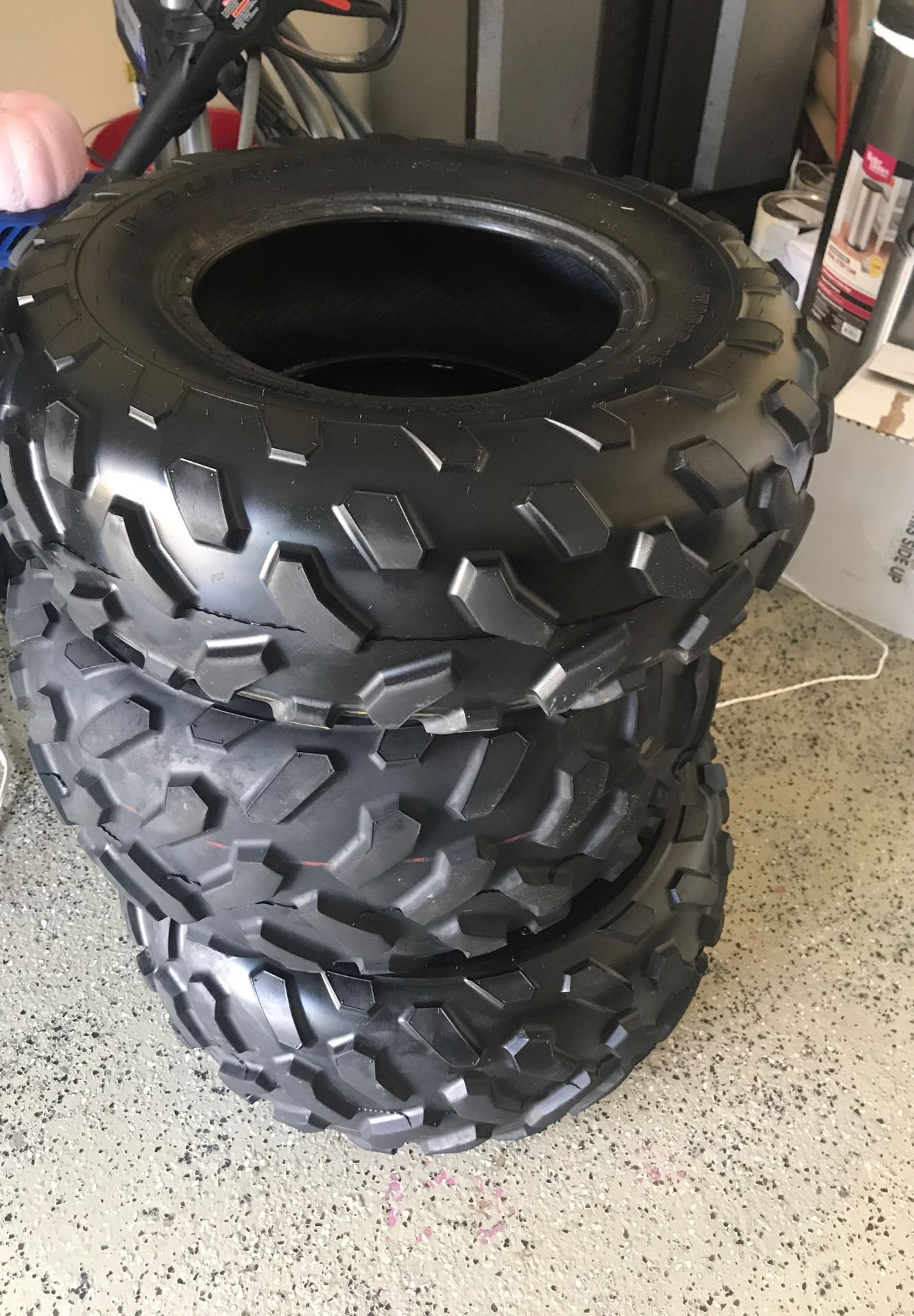 Atv tires 2. 25x10x12 Duro tires and 1 25x8x12 came off a Kawasaki