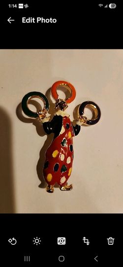 Vintage Colorful Goldtone Clown Brooh