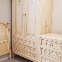 Louis xvi style Italian hand painted bedroom set with  marble top dresser, headboards armoire and nightstand and beautiful mirror