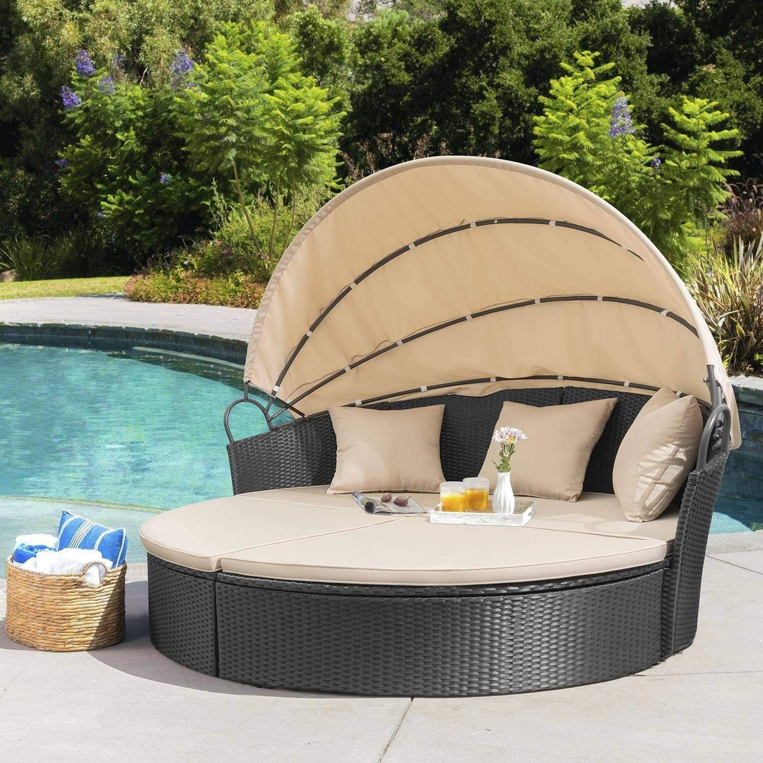 Round Daybed with Retractable Canopy Wicker Furniture Sectional Seating