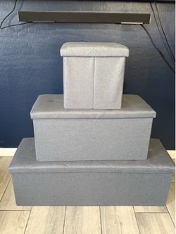 (BRAND NEW)🔥🔥🔥BLOWOUT SALE/Set of 3 Grey Fabric Storage Ottomans/Collapsible