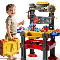 New-2 in 1 Workbench Tools Toys Set with Sound for Toddlers Aged 3-5, 145 PCS Educational Construction Mechanic Toolbox for Boys Girls, Pretend Play T