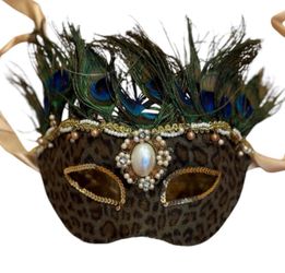 Masquerade Animal Print Velvet Mask Peacock Feathers Mardi Gras Costume Ornate