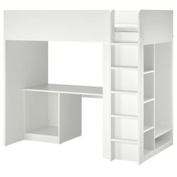 Loft bed frame, desk and storage, white, Twin