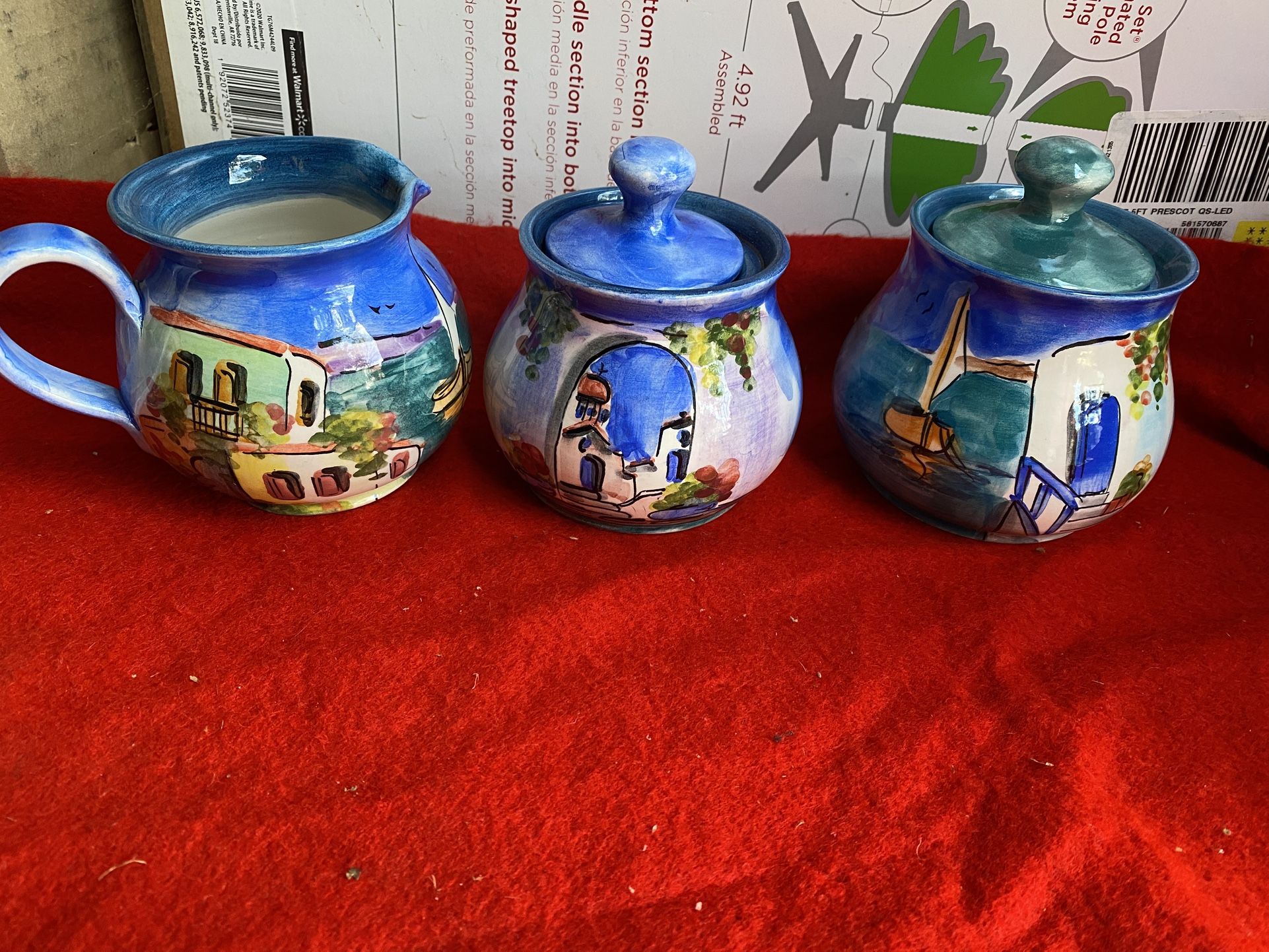 Set Of 3 Hand Painted Blue Greek Ceramic Milk/Sugar Set Imported From Greece