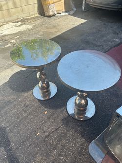 Pair of Round Metal Pedestal Side Tables