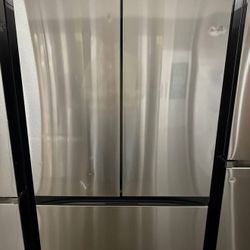 Samsung Fridge Bespoke 30 cu. ft. Standard Depth 3-Door French Door Smart Refrigerator in Stainless Steel with Beverage Center.