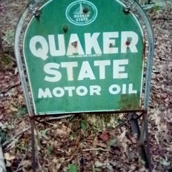 1956 Quaker State Enamel Advertisment Sign With Original Sidewalk Stand