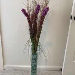 23” Tall Green Glass Vase With Flowers And Decorative Twigs