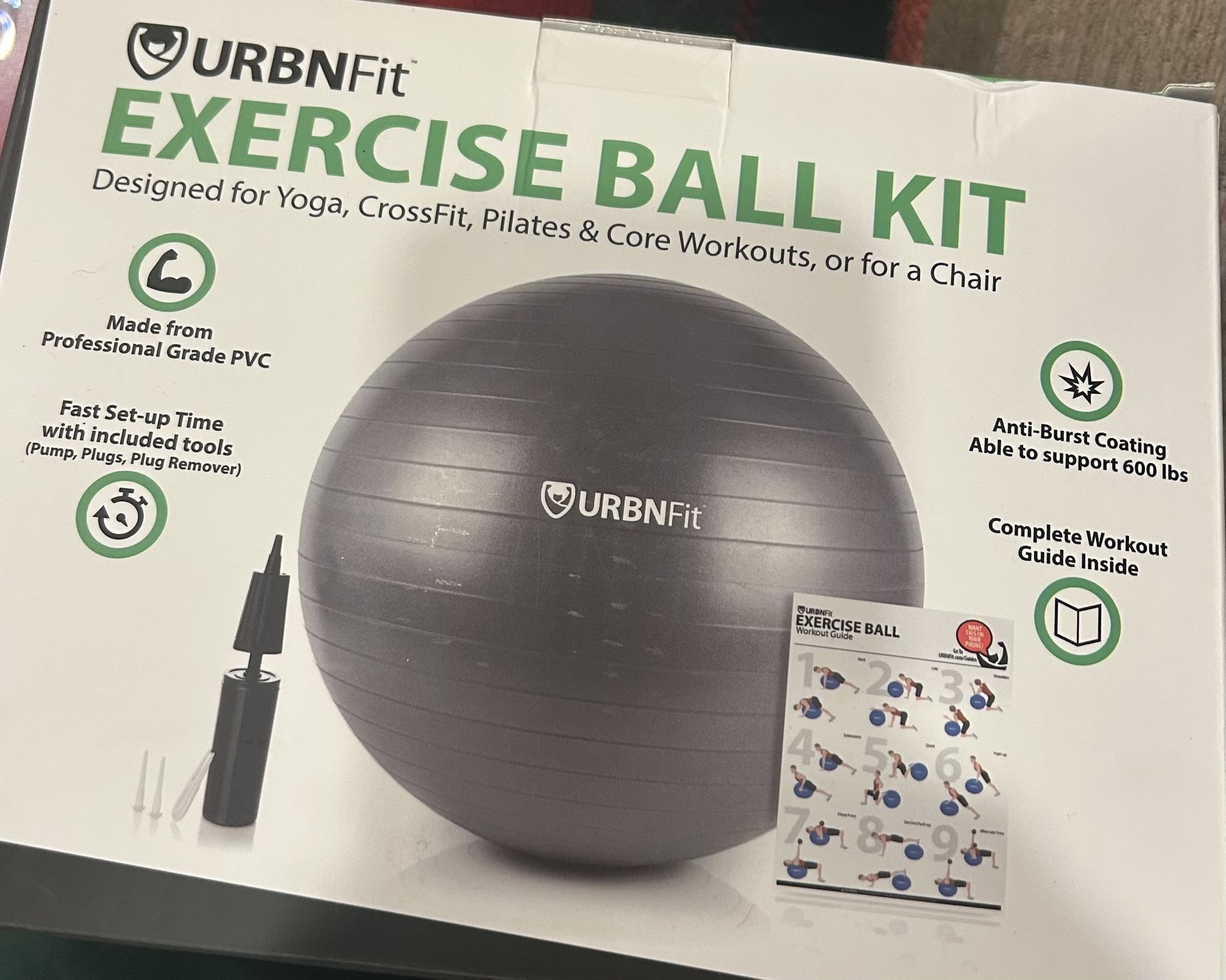 URBNFit Exercise Ball Kit – Anti-Burst Swiss Ball (New in Box)