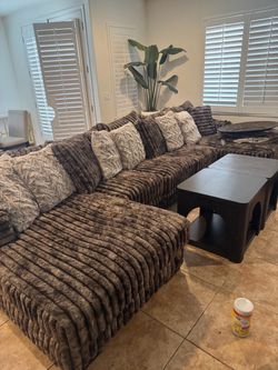 Large Brown Textured Fabric Sectional Sofa