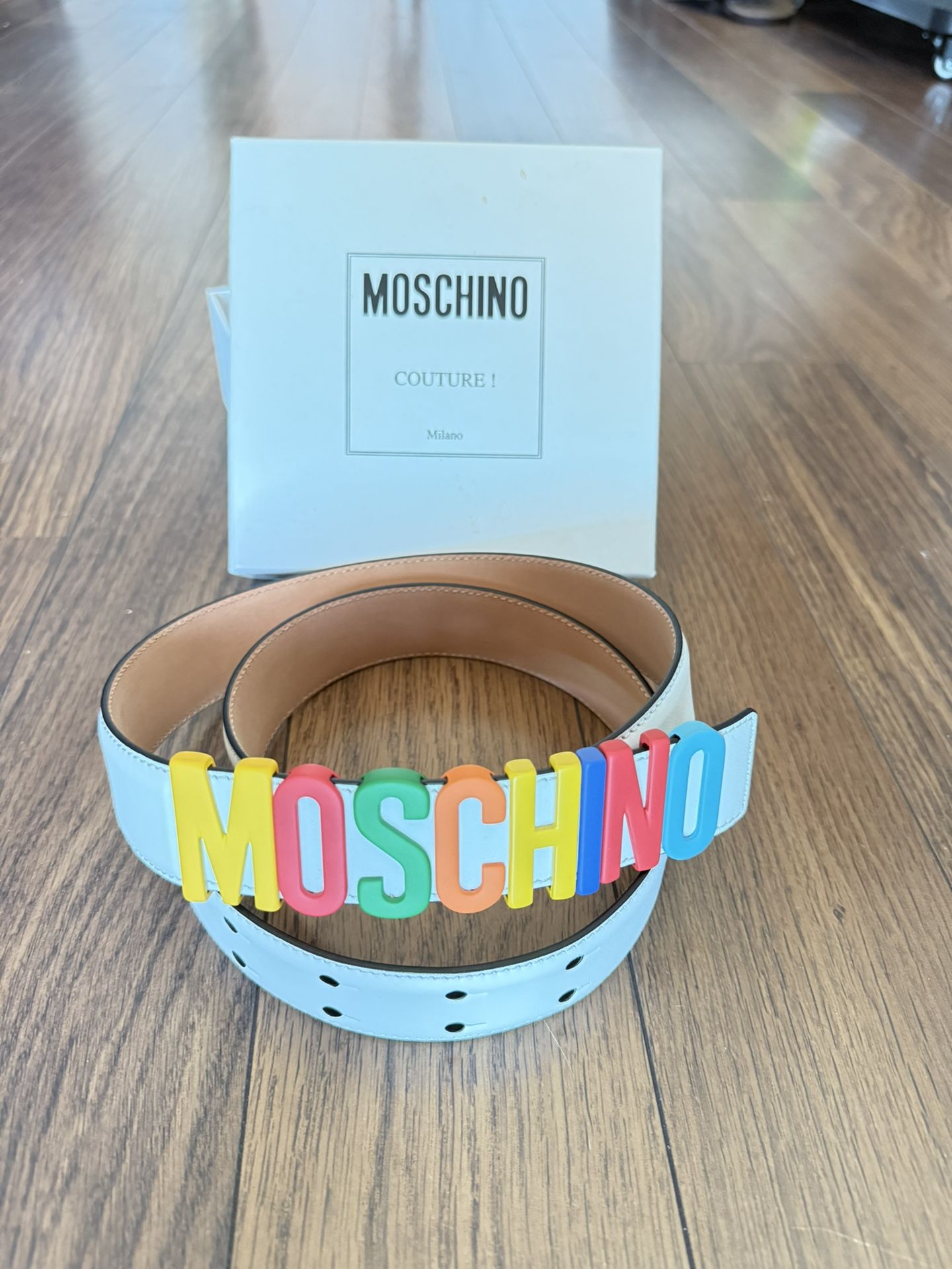 Moschino White Leather Multicolor Logo Buckle Belt Size Unisex IT50 Moschino Men main image 3