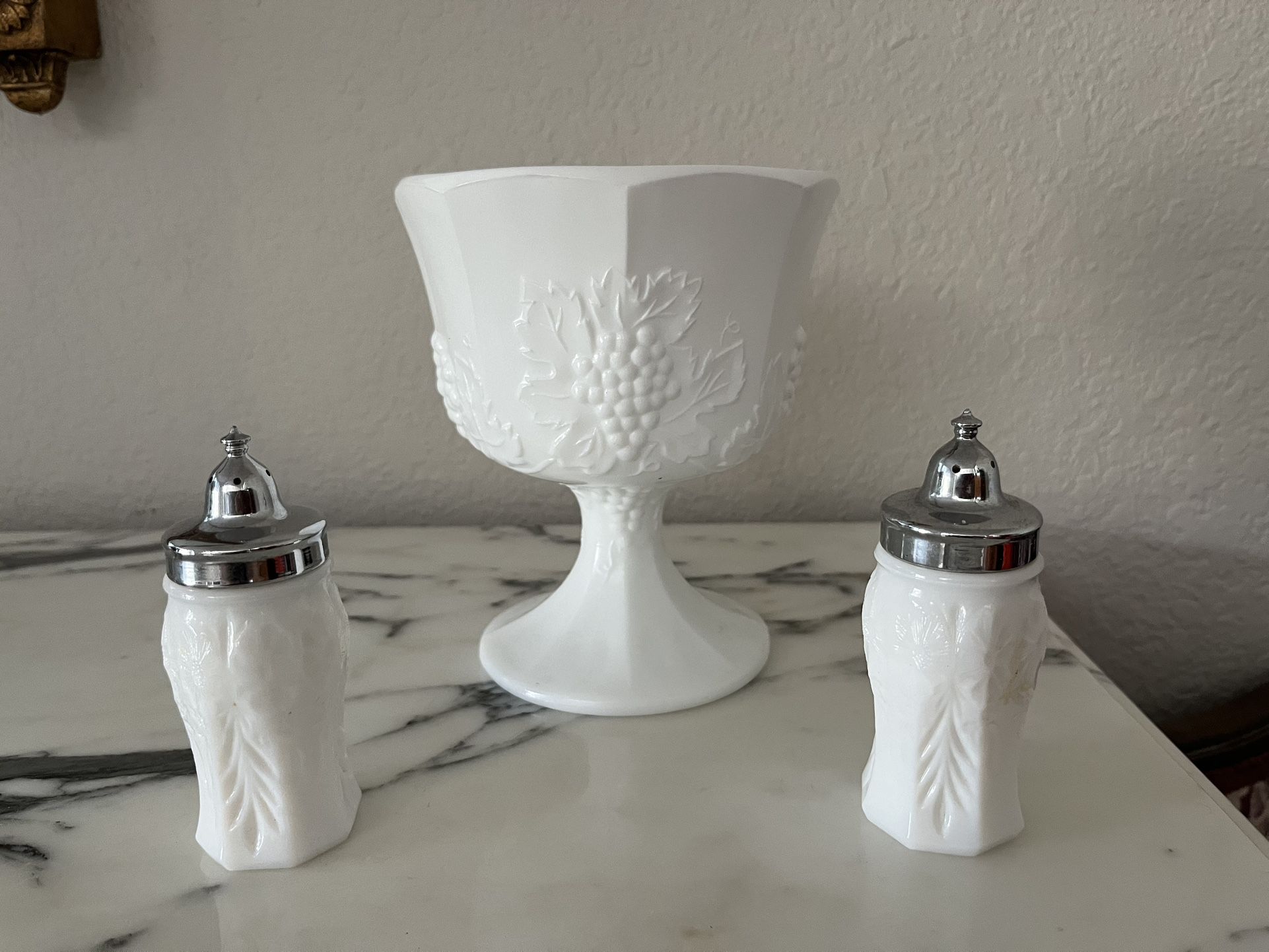 Milk Glass Salt, Pepper Shaker & Vase