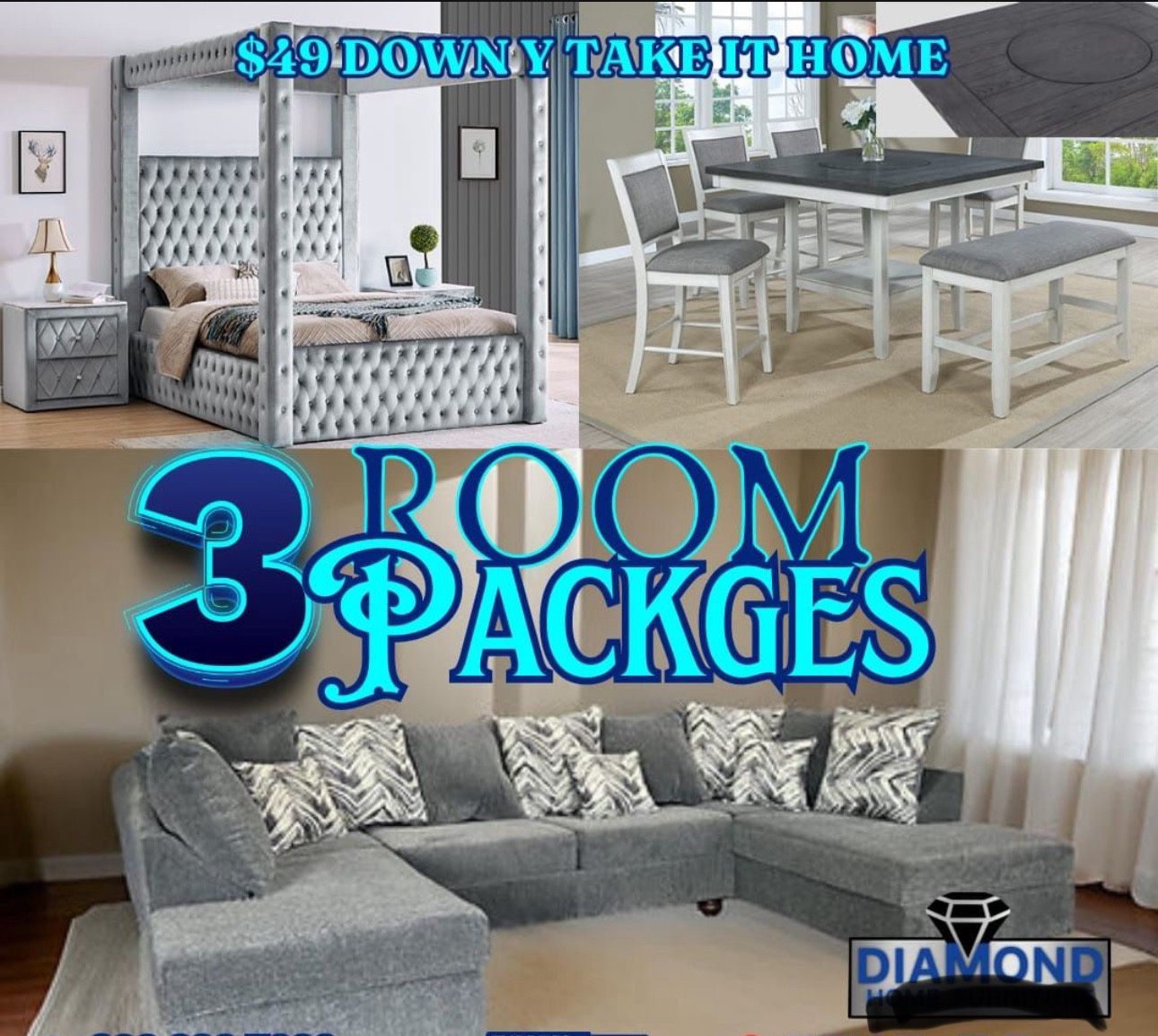 NEW 3ROOM PACKAGE DEAL- BED MATTRESS DINING ROOM SECTIONAL SOFA AND MORE