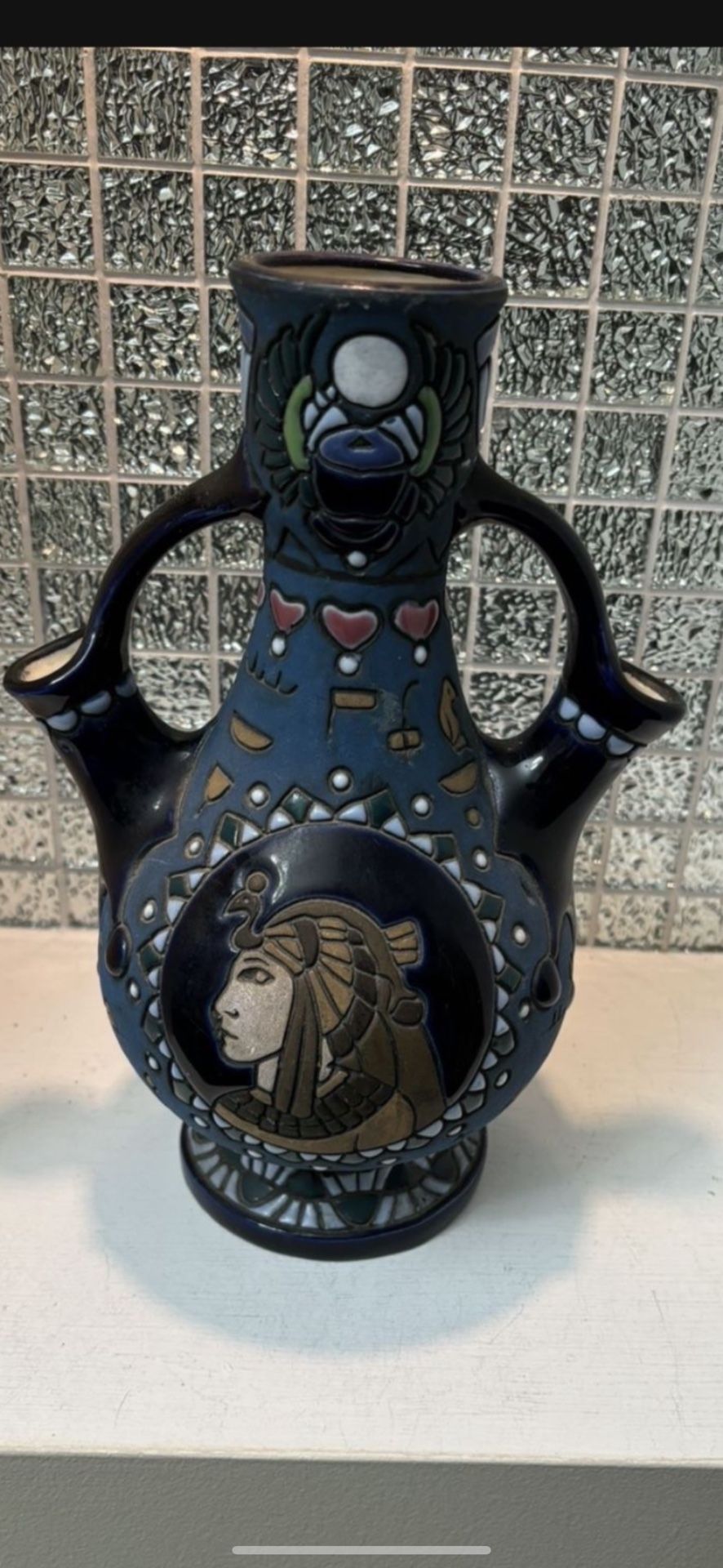 Rare Antique Blue Amphora Vase Egyptian Made In Czechoslovakia