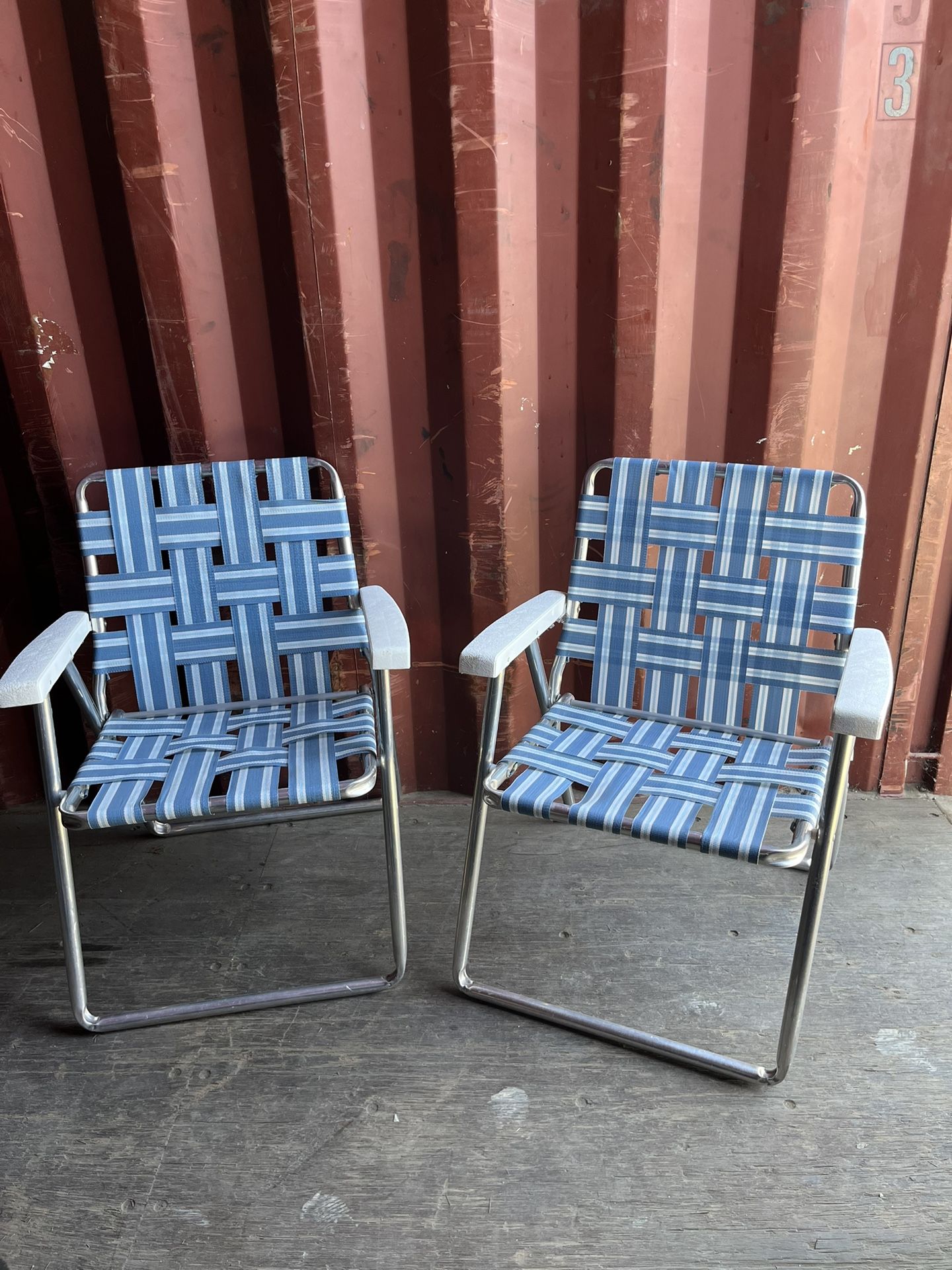 Vintage Pair Aluminum Webbed Beach Chair Low Folding Lawn Chairs 2 Matching
