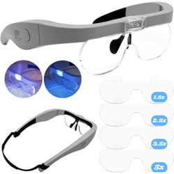 MagniPros Head Magnifying Glasses, [Rechargeable] Headband Magnifier with Comfy Padding, 2 Ultra Bright LEDs, 4 Detachable Lenses 1.5X, 2.5X, 3.5X, 5X