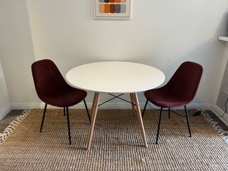 Round White Dining Table with Wood Legs + 2 Chairs