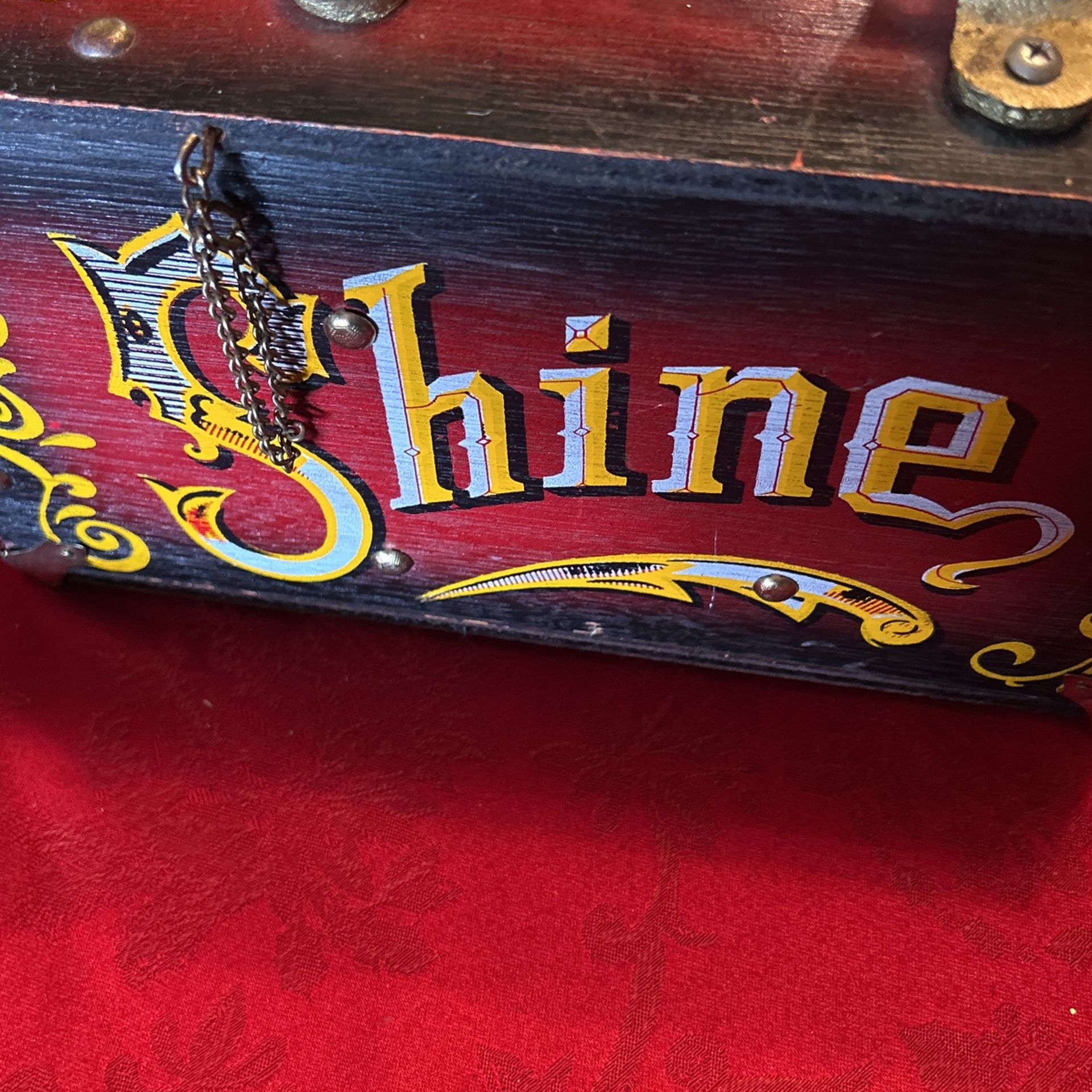 Vintage Shoe Shine Box with Brass Shoe Stand, 5 Cent Carnival Style Box