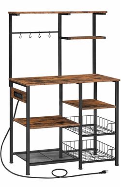 HOOBRO Large Bakers Rack with Power Outlets, 6-Tier Microwave Stand with 4 Hooks, Coffee Bar, Kitchen Shelf with Wire Basket, for Kitchen, Living Room