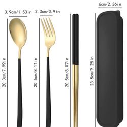 Brand New Metal Golden Chopsticks With Fork And Spoon 