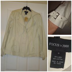 New with tags cream off white colored Focus 2000 jacket in size 10. Unique layered design. Double collar and back. Cotton and linen