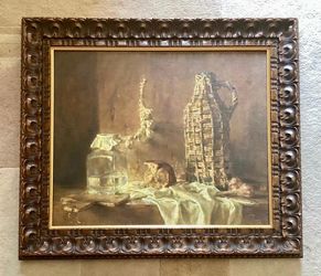 Vintage Large Original Russian Still Life Oil Painting on Canvas in Neutral Tones, Signed