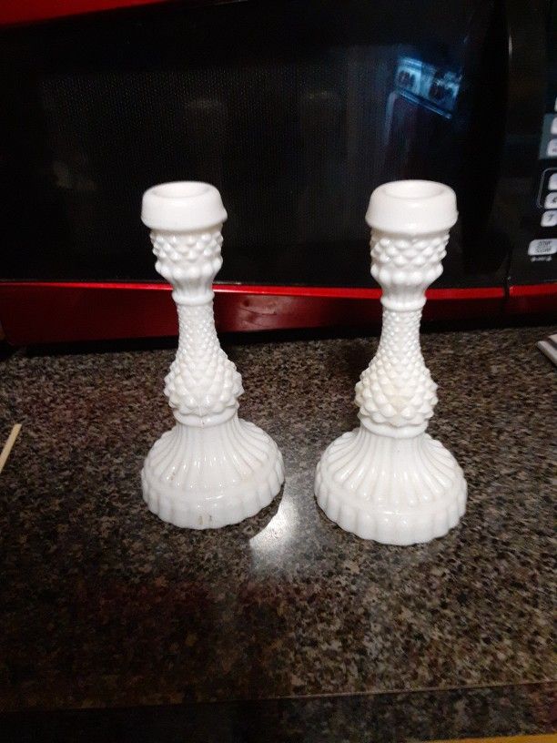 Pair Antique White Milk Glass Candlesticks