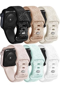 6 Pack Flower Engraved Bands Compatible Apple Watch Band With 38mm 40mm 41mm 42mm 44mm 46mm 45mm 49mm Women Men.Silicone Floral Reflective Sport Strap