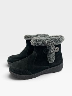 Khombu Women’s 6 Black Iris All Weather Boots Side Zipper Black Leather Suede & Faux Fur