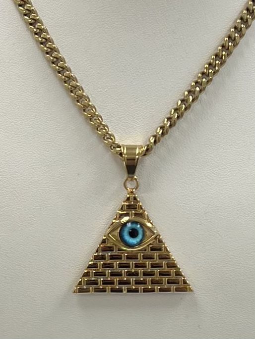 18k Gold Plated Egyptian pyramid with blue Evil Eye Pendant And Cuban Necklace 