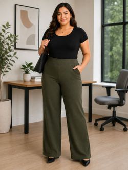 Women's Olive Green Wide Leg Yoga Pants XL Pull On Stretch Casual Work Pants