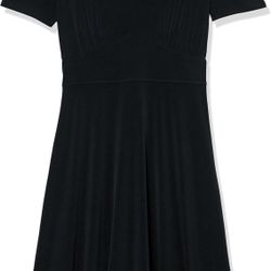 Amazon Essentials Women's Short Sleeve V-Neck Gathered Fit and Flare Dress- MEDIUM