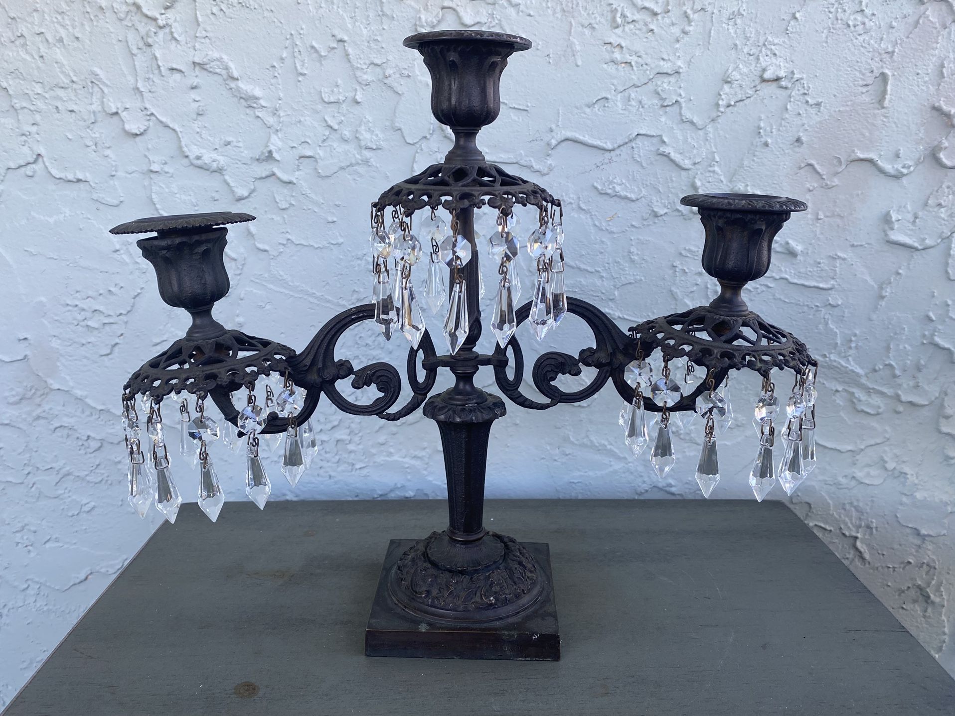 Cast-Iron/Crystal-Prisms Ornate Victorian-Style 3-Arm Table Candelabra Candleholder (Height: 12”)