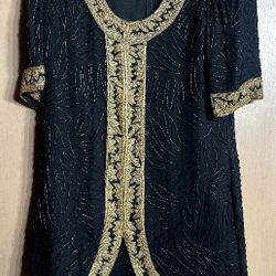 Brilliante by JA Vintage Black & Gold Beaded 100% Silk Evening Dress Size X-LARG