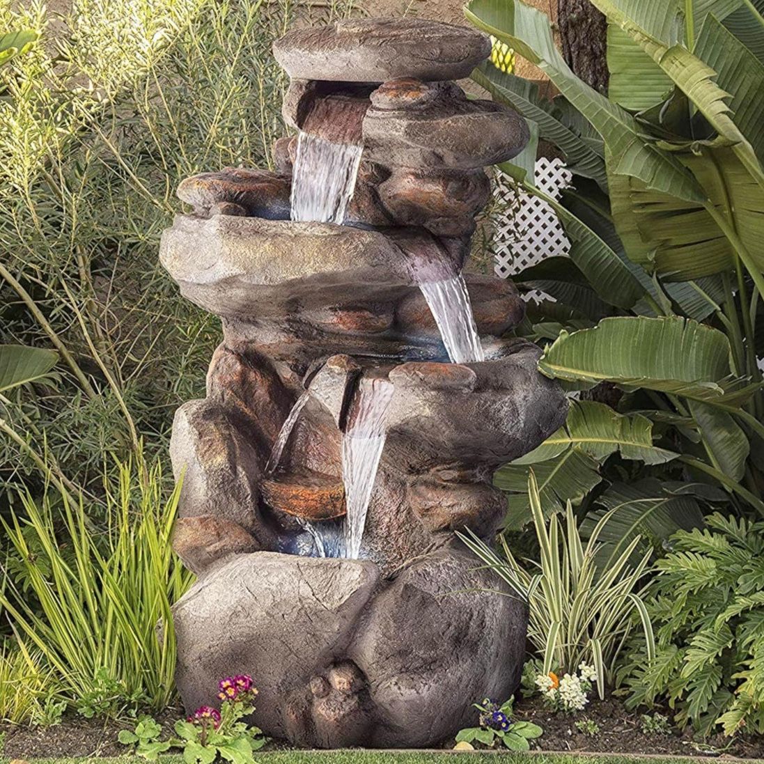 4-Tiered Outdoor Floor Rock Water Fountain for Garden or Patio with Natural Stone Look, Light Gray