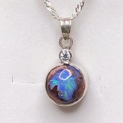 Mexican Matrix Fire Opal 13ct 925 silver pendant on a  925 silver chain necklace. 13ct 10x10x8mm Amazing Blue Opal