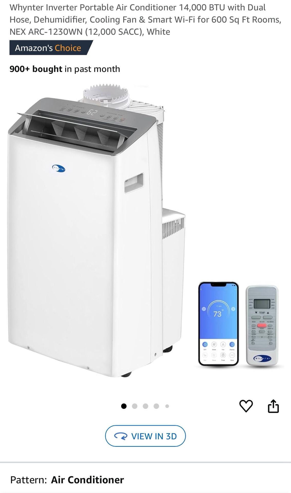 Whynter Inverter Portable Air Conditioner 14,000 BTU with Dual Hose, Dehumidifier, Cooling Fan & Smart Wi-Fi for 600 Sq Ft Rooms