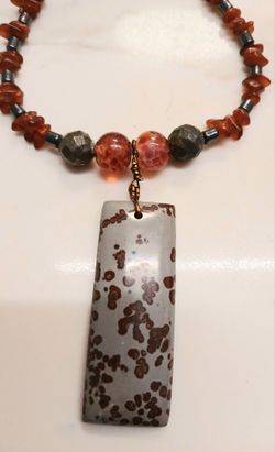 Handmade DENDRITIC FERN AGATE AMBER CARNELIAN UNISEX NECKLACE