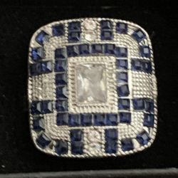 Beautiful White Gold Color Blue Sapphire And Clear Stone Ring