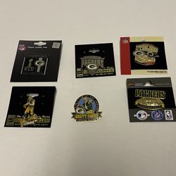 Green Bay Packers Pins (6). BF 2 Time MVP, 2011 SB XLV Championship, BF Action, NFC Championship, Vs Rams, 1997 Lambeau Field 